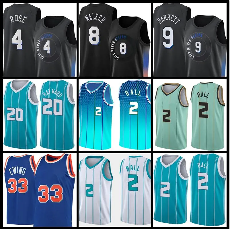 Lamelo 2 Ball Mens Gordon 20 Hayward Derrick 4 Rose Julius 30 Randle RJ 9 Barrett Kemba 8 Walker Hornet Basquete Charlottes Knick Jerseys Patrick 33 Ewing