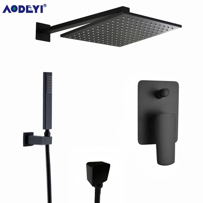 AODEYI Premium Quality Brass Black Shower Set Bathroom 8" Rain Head Faucet Spout Diverter Mixer Handheld Spray Y200321