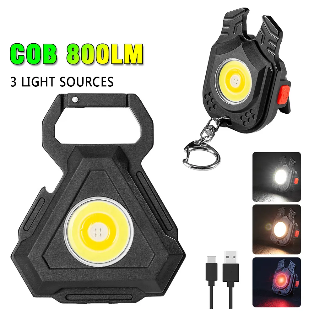 Mini lampe de camping lampe de poche LED lanterne USB C charge blanc jaune et rouge 3 sources lumineuses COB porte-clés lumière projecteur