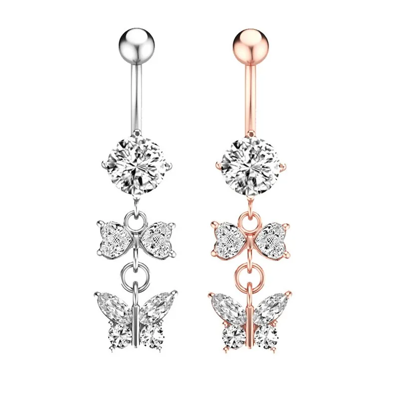 Fashion Stainless Steel Navel Piercing Shiny Bowknot Zircon Crystal Pendant Belly Button Rings For Women Body Jewelry