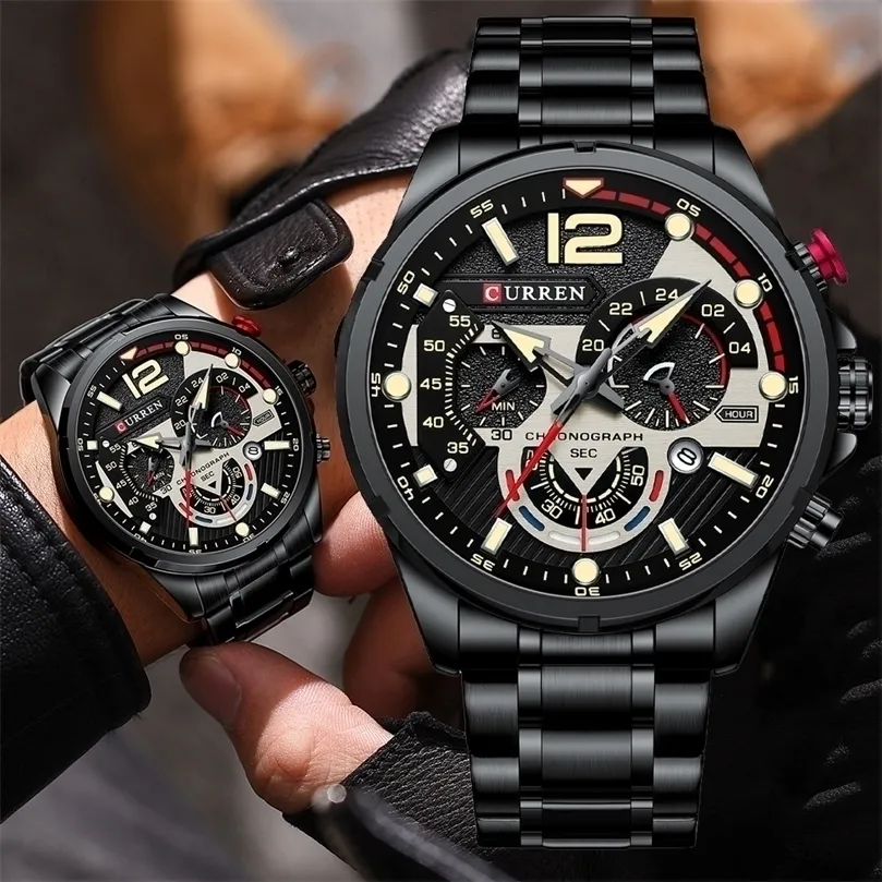 Curren Casual Business Chronograph Waterproof Stainless Steel Watch Mens Luxury Fashion Quartz Men Watches 220530