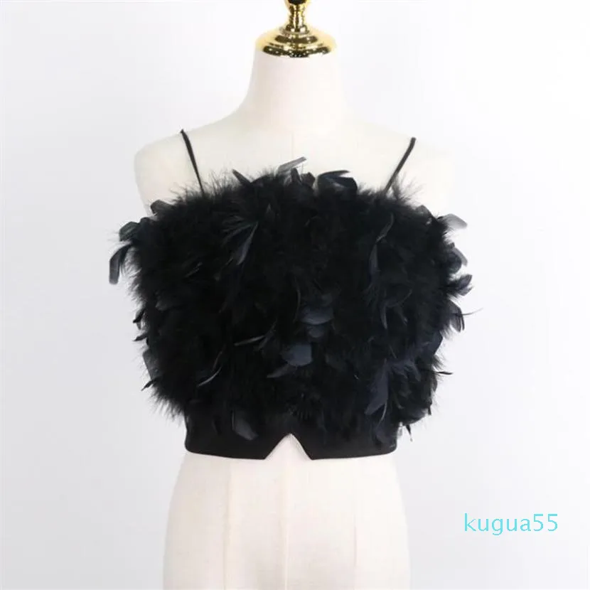 Kvinnors tankar Camis Fashion Women Sexig Furry Topps Casual Tank Vest Sleeveless med Real Ostrich Feather T022501