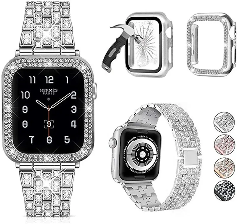 Diamonds Designer Watchband Case Straps para Apple Watch Band Series 8 7 6 5 4 Women Lady Diamond Bands Strap iWatch 6 39mm 40mm 42 44MM 45mm 41mm Pulseira de Aço Inoxidável