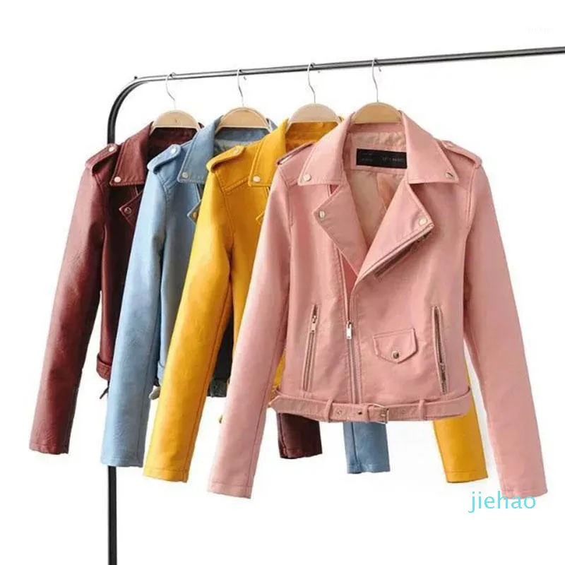 2022-Women's Leather Faux Womens Casual Coat Arrival Autumn Lapel Long Sleeve Pu Belted Basic Jacket med dragkedja