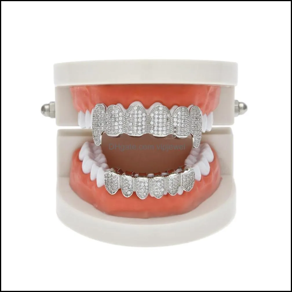 Bling 6 Teeth Grills Set Gold & Silver Plated Cubic Zirconia CZ Top & Bottom Dental Grills Cap For women men Hip hop Body Jewelry