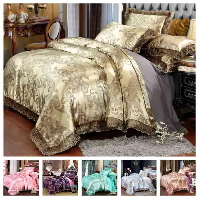 Luksusowe 2 lub 3PCS Zestaw pościeli koronki Wysokiej jakości satynowy Jacquard Duvet Zestawy 1 kołdra + 1/2 poduszki bliźniacze królowe król