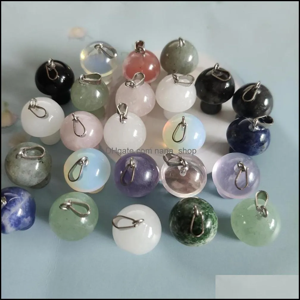 Natural Stone Carving 20MM Mushroom Shape charms Pendant Reiki Healing Crystal Tiger Eye Rose Quartz Amethyst Agate Aventurines For Necklace Jewelry