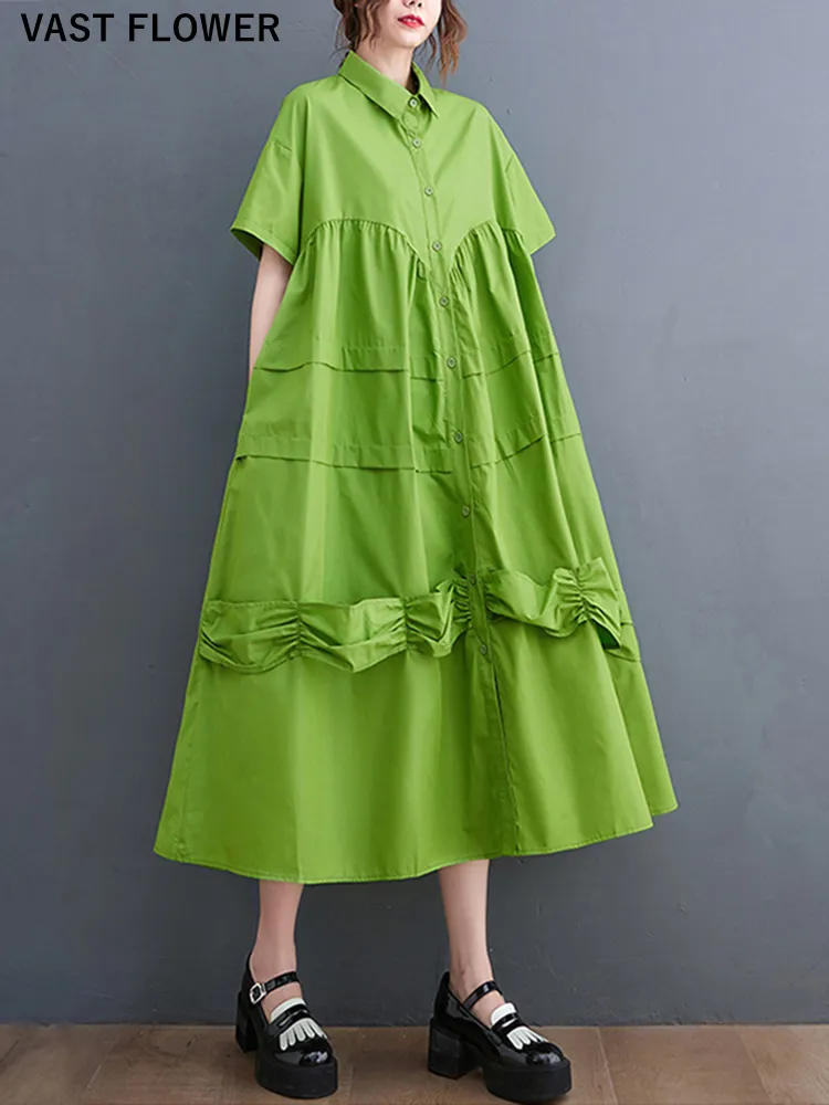 Green Vintage Patchwork Shirt Dresses For Women Short Sleeve Loose Casual Long Summer Dress Fashion Elegant Clothing