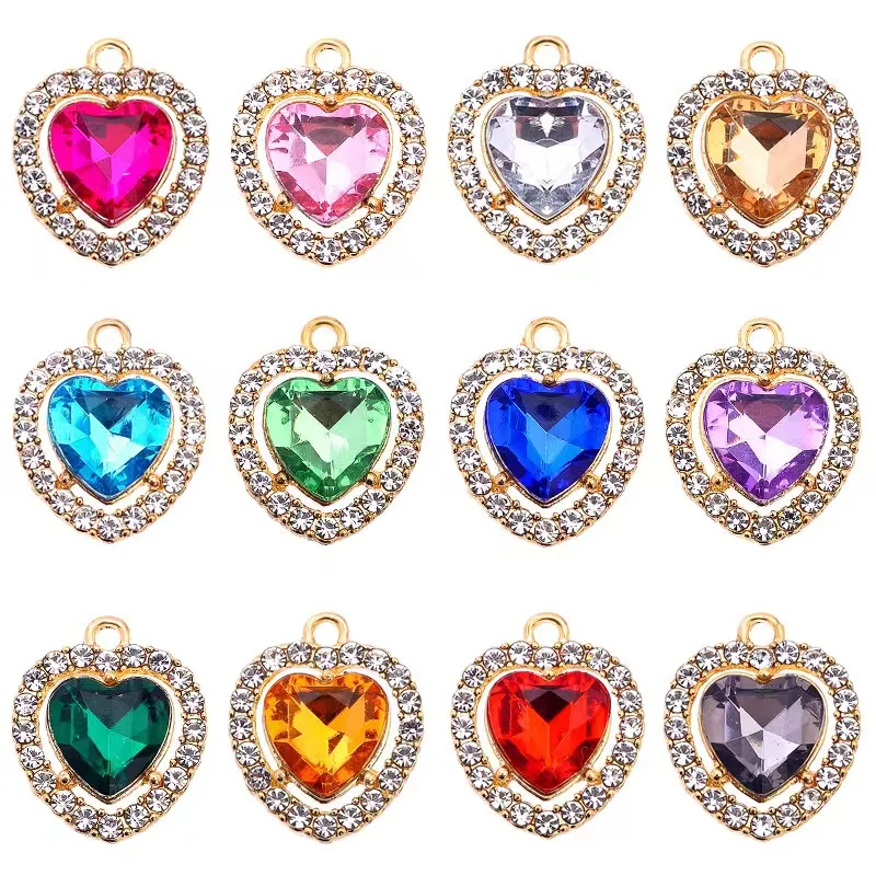 30Pcs/Lot Cute Colorful Rhinestone Heart Pendant Women's Dangle Jewelry Accessories DIY Earrings Jewelry Making Supplies