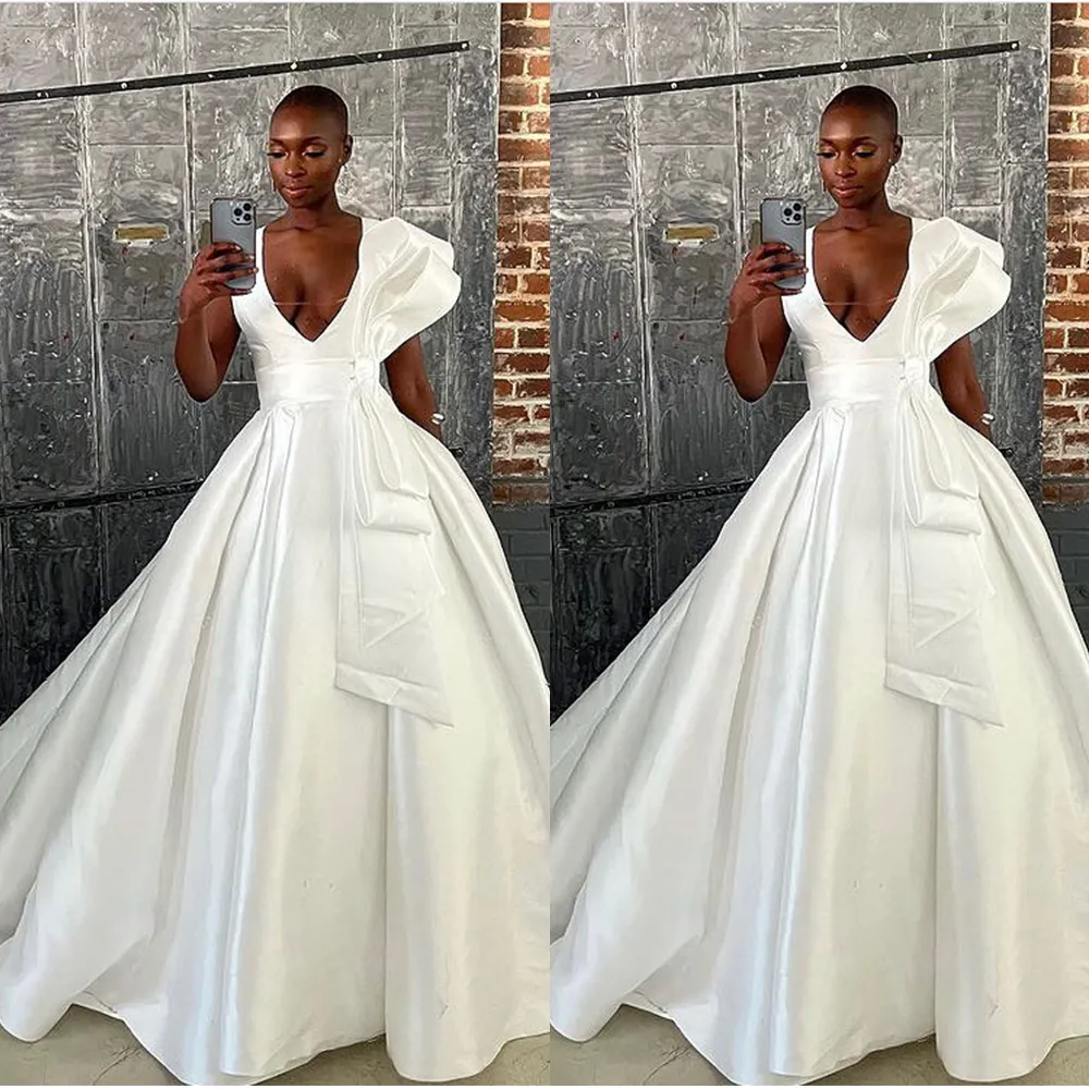 Afrika beyaz saten gelinlikler bir çizgi gelinlik kadın için derin veck özel vintage illusion büyük yay vestido de novia