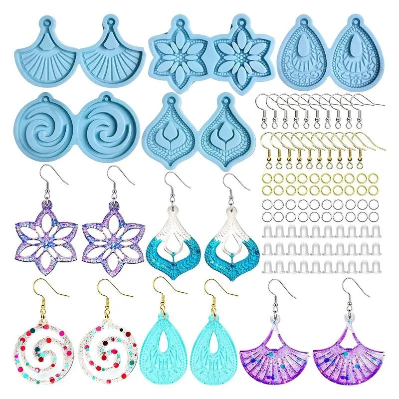 Ensemble de moules à bijoux en résine, lustre suspendu, 5 paires de boucles d'oreilles en Silicone avec crochet d'oreille, bouchons d'oreilles, fleur, goutte de cristal, colle