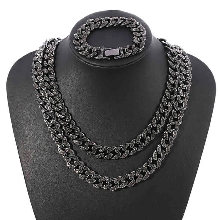 En gros Noir 13mm Glacé Zircon Cubique Diamant CZ Cubain Lien Chaîne Miami Cuba Collier Bracelet Hip Hop Bijoux Pour Hommes