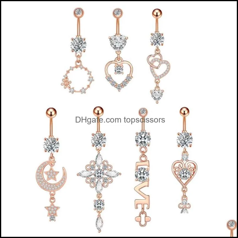 set of 7 pcs zircon belly button ring moon heart love body piercing navel barbells for women and girls