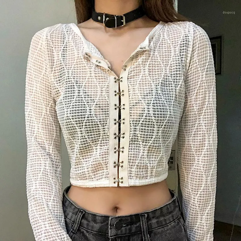 T-shirt Femme 2022 Femmes Mode Vêtements Dentelle Creux Out Blanc Vintage Manches longues à manches longues Crop Top Femme T-shirts