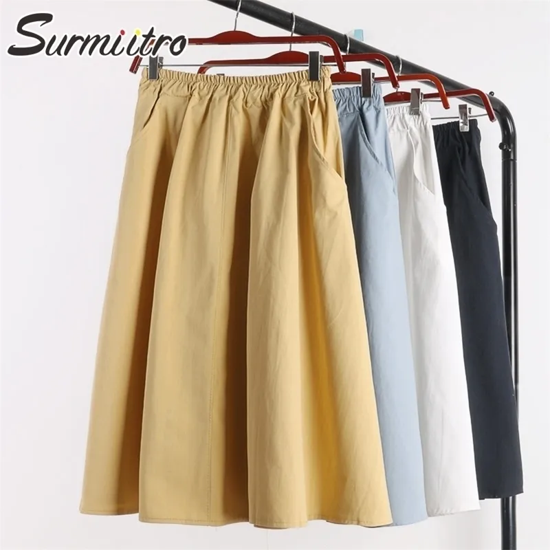 スルミトロ100％コットンミディサマースカート女性ファッション韓国ポケットアラインサンスクールブラックホワイトハイウエストスカート女性210306