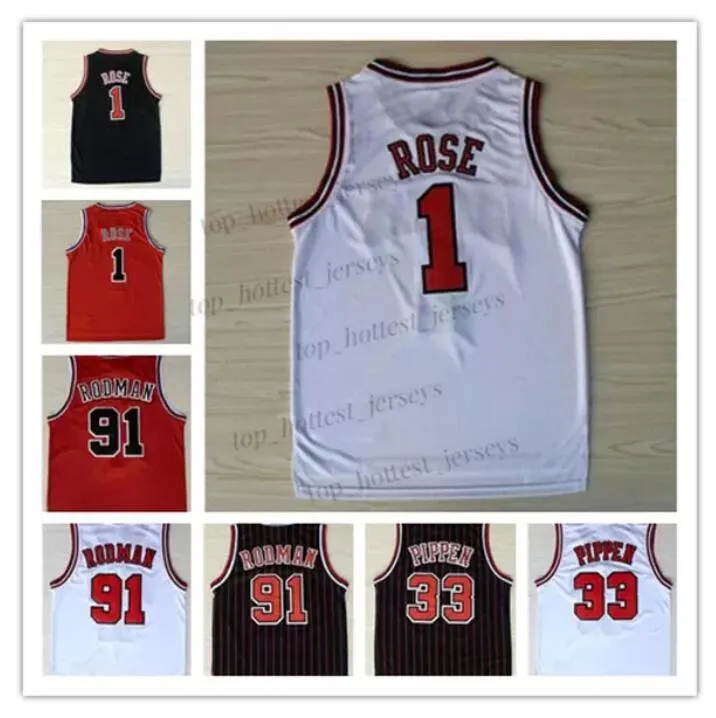 Chi Retro Retro Mens #1 Derrick Rose Scottie #33 Basketball Jersey Dennis #91 Rodman Basket Basketball Rosso Black Stripes Vintage Cucite Maglie cucite