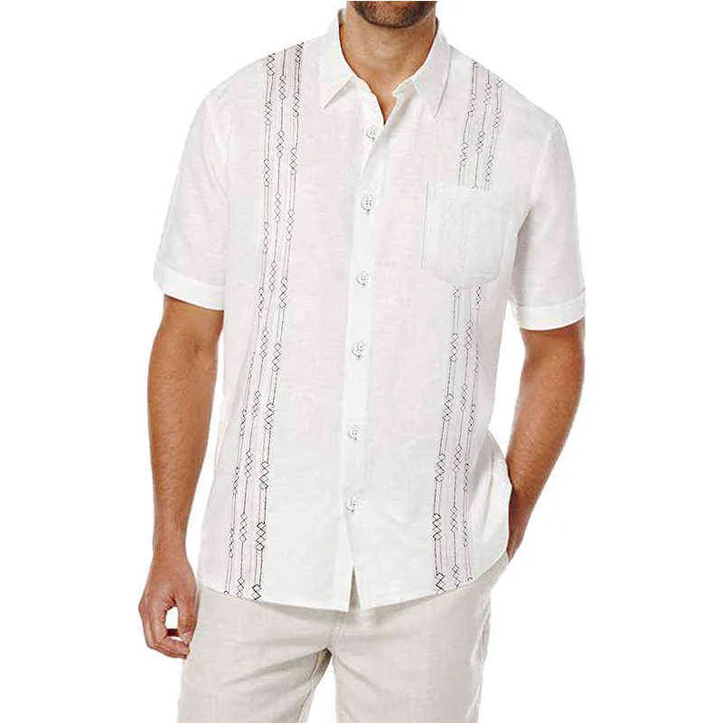 Mens Guayabera Shirts 캐주얼 버튼 아래로 짧은 소매 린넨 면화 캠프 해변 자수 셔츠 탑 남자 Camisa Masculina L220704