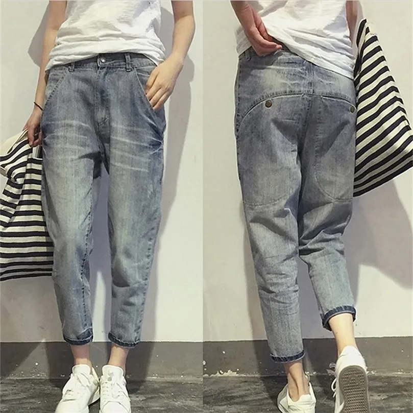 16023 Womens Jeans Spring Korean Style Loose Office Ladies Streetwear Solid Color Light Blue Elastic Bleach Scratch Denim Pants 220701