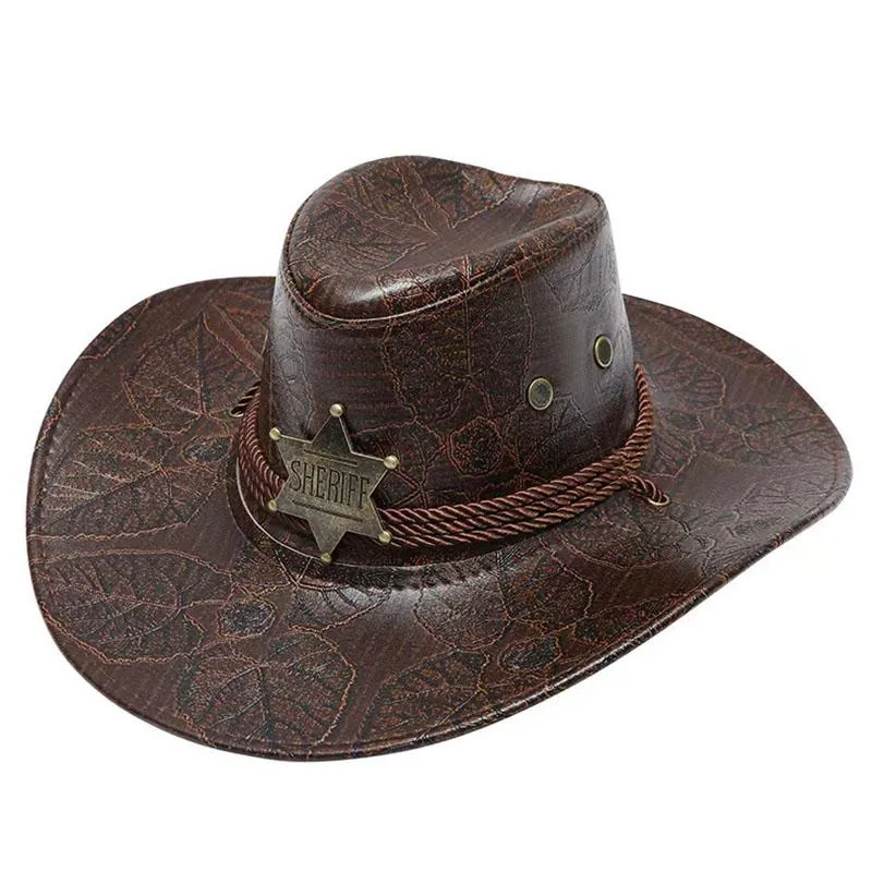 Beretten retro sheriff cap westerse cowboy hoed mannen zonnescherm met windtouw zonneschadiging rijden toerisme outdoor bergbeklimmen hatberetten