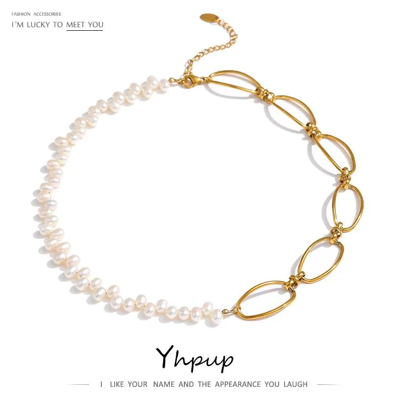 Kedjor YHPUP Rostfritt stål smycken Elegant naturlig pärlkedja halsband Temperament Metal Gold Choker Bijoux Femmechains