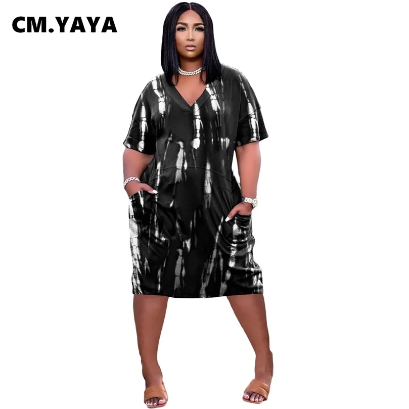 Cm.yaya dames plus size jurk afdrukken korte mouw met korte mouw losse rechte midi-jurken met zakken casual mode Vestidos zomer 220516