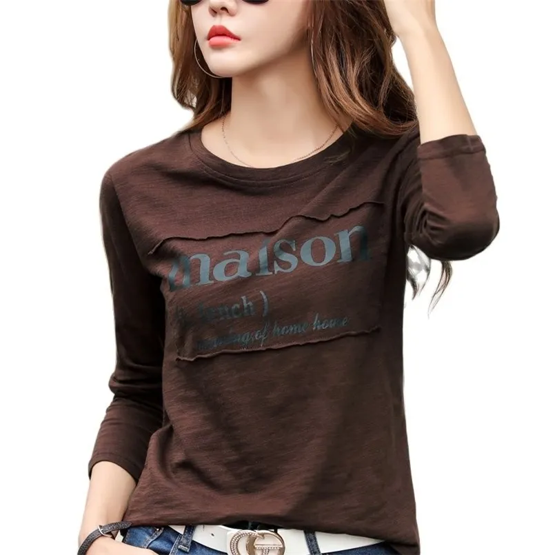 Bahar Koreli Uzun Kollu Tişörtler Kadınlar Düz Renk Bambu Pamuk Kış Mavi Tişörtleri Gevşek Kahve Mektubu O boyun üstleri 220728