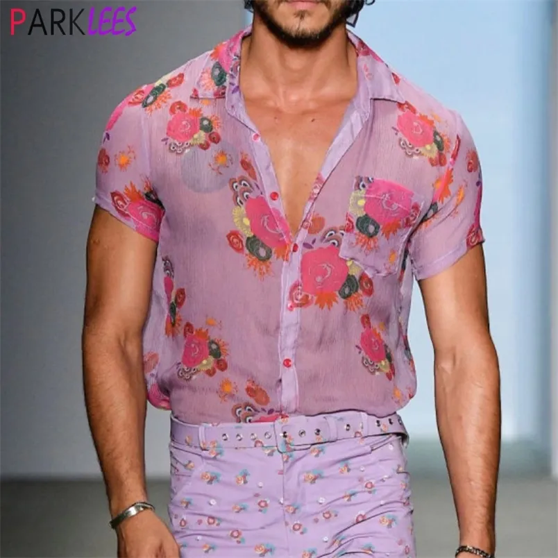 Floral Transparente Spitze Sheer Hemd Männer Sexy Durchsichtig Herren Hemden Casual Kurzarm Party Strand Urlaub Chemise 220623