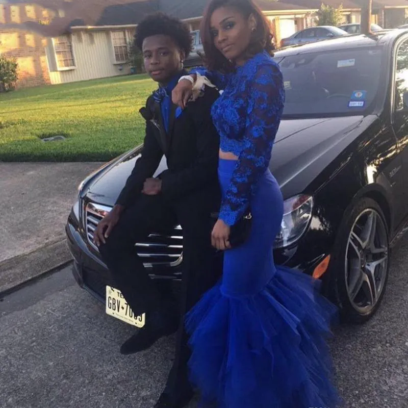 African Royal Blue Black Girls Prom Dresses South Long Sleeves Two Piece Evening Party Gowns Plus Size Custom