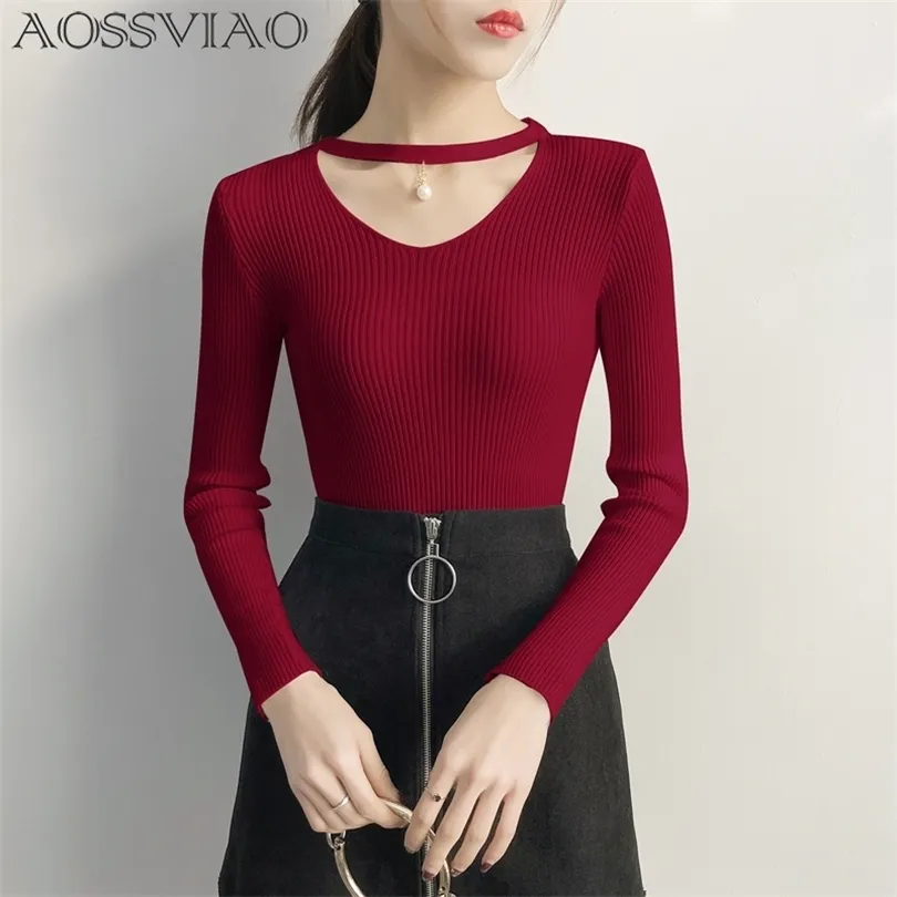 Aossviao v Neck Sweaters vrouwen 2019 herfst winter lange mouw sexy slanke tops solide streetwear gebreide Koreaanse pullover bordeaux t200101