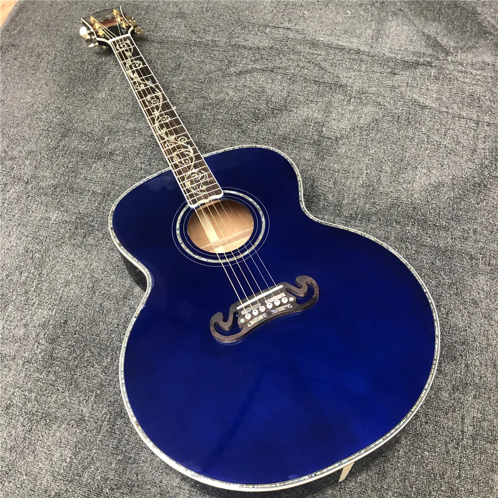 Guitarra acústica de corpo jumbo azul de 43 polegadas, modelo SJ, corpo de bordo, top de abeto sólido, guitarra folk, incrustações de videira