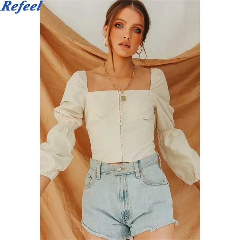 Vintage French Retro Puff Ärmel Beige Frauen Bluse Square Halsband Seidene Baumwoll Elastizität Streetwear Hemd Neuankömmling T200608