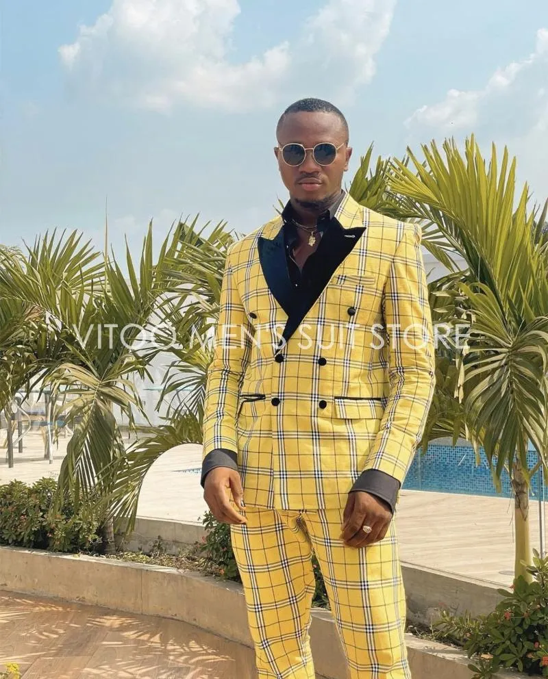 Mens Suits Blazers Yellow Plaid With Black Lapel Double Breasted Men Suits Casual Street Fashion Jacket Trousers For Men Slim Fit Suit Se From 107 87 DHgate