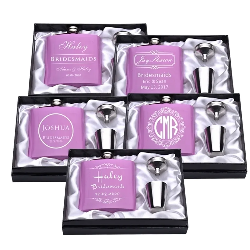 Personlig 6oz höft rostfritt stål gravavkolv Bridemaids Gift White Box Packing Wedding Faver anpassad 220707