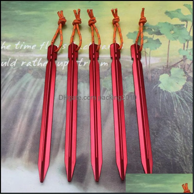 lightweight aluminum outdoor tent stakes camping tent nail with rope traveling tent building 18cm prismatic nail hand tools