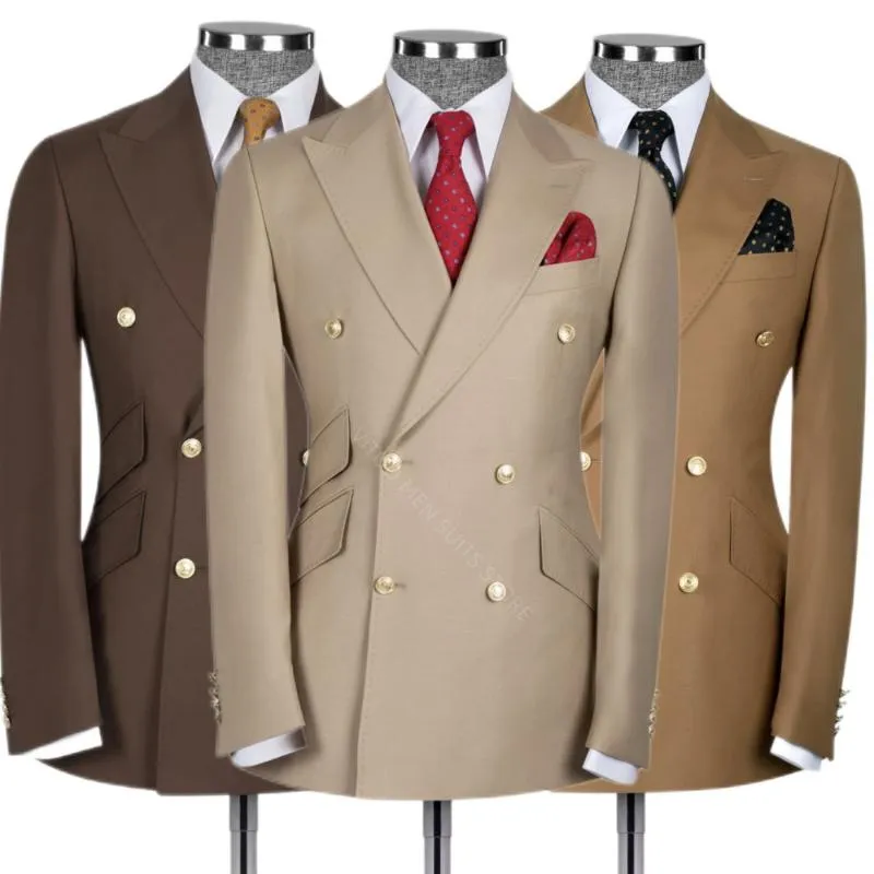 Men's Suits & Blazers Khaki Men Slim Fit 2 Piece Classic Solid Color Double Breasted Blazer For Wedding Groom Groomsmen Clothes Custom Made