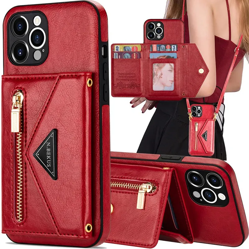 Handtas Zipper Portemonnee Portemonnee Gevallen met Kaarthouder PU Lederen Kickstand Lange riem Crossbody Shockproof Cover voor iPhone 13 12 Mini 11 Pro MAX XR XS 8 7 6 6S Plus SE2 SE3