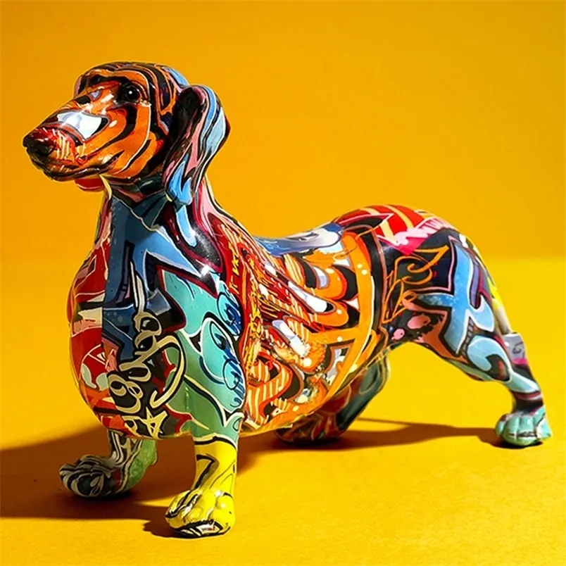 Creative Painted Colorful Dachshund Dog Decoration Home Modern Wine Cabinet Office Decor Desktop Harts Crafts Miniatures Statue 220622
