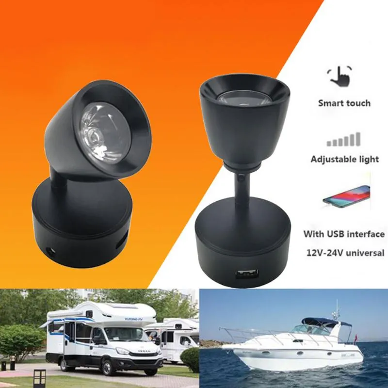 Vägglampa svart aluminium dc12v 24v touch dimble rv led läsning ljusarmatur med USB port varm vit kall båt yacht lampvägg