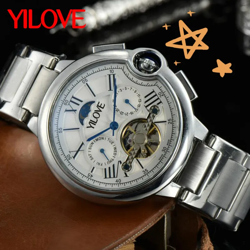 Luxury Flywheel Skeleton Designer Watch Redondo completo Esfera de acero inoxidable Reloj impermeable 45 mm Calendario Función completa Deportes al aire libre Zafiro Reloj de pulsera para hombres