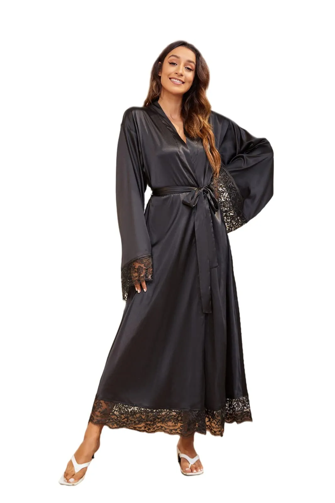 Pregnant Lady Prom Dresses Satin Photo Robe for Women Long Silky Bathrobe Plus Size Bridesmaid Sleepwear with Lace Trim