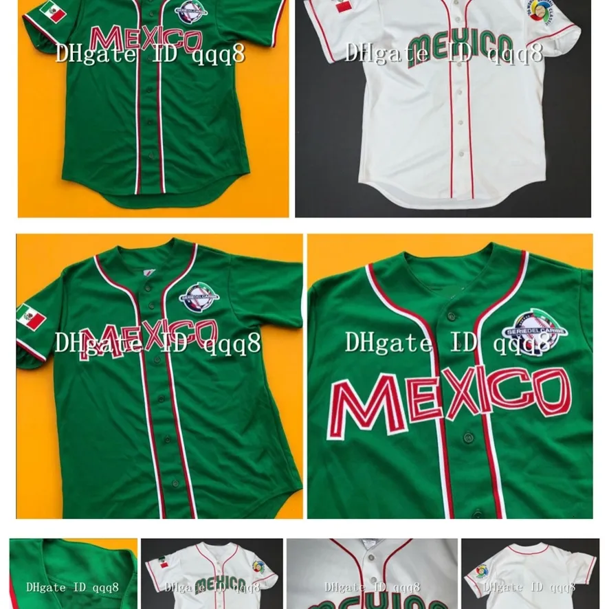 NA85 Toppkvalitet 1 Custom Mexico Jersey White Green Stitched Baseball Jersey Size S-4XL
