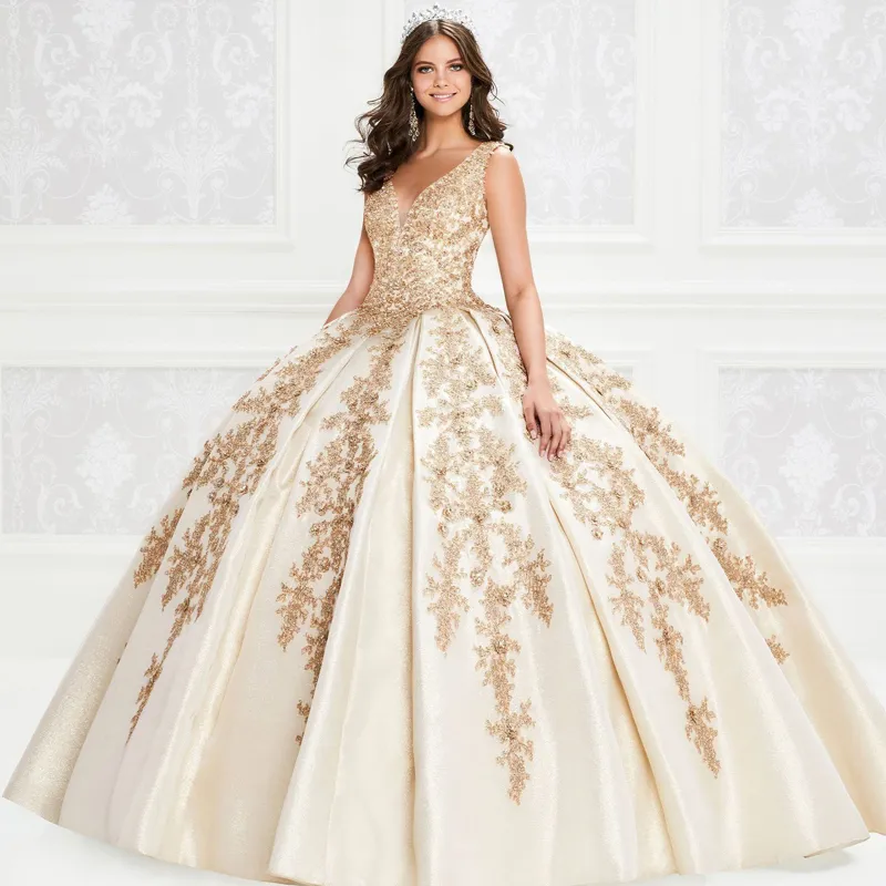 Robes de Quinceanera en Satin à perles, avec des Appliques en dentelle plissées, douces 15 robes, col en V, dos perlé, robe de concours pour adolescentes, 326 326