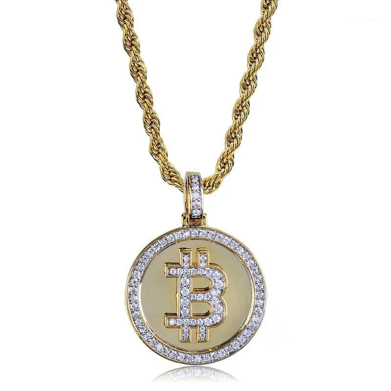 Chaînes Hip Hop Iced Out Strass Pièce Pendentif Collier BTC Mining Cadeau Pour Hommes Femmes Avec Corde Chaîne