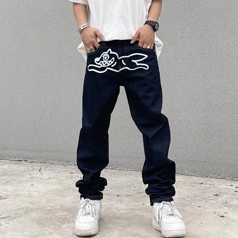 USMENS Jeans High Street Men Flying Dog Print Straight Loose Casual Denim Pant Vintage Harajuku gewassen broek Hip Hop Streetwear mannetje