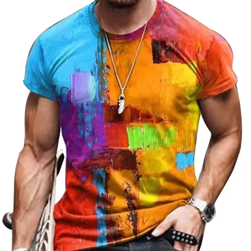 남성 빈티지 대형 짧은 슬리브 T 셔츠 여름하라 주쿠 민족 스타일 3D 프린트 O 칼라 그래픽 Tshirt 남성 의류 220526