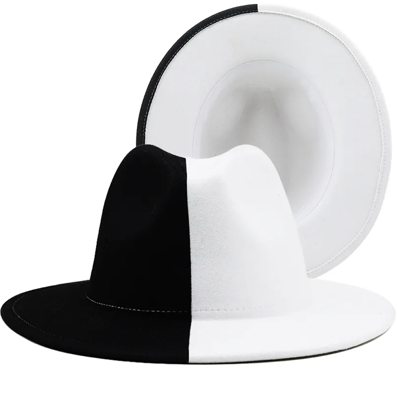 Black White Patchwork Wool Felt Jazz Fedora Women للجنسين على نطاق واسع Brim Panama Party Trilby Cowboy Cap Men Gentleman Wedding Hat 220718