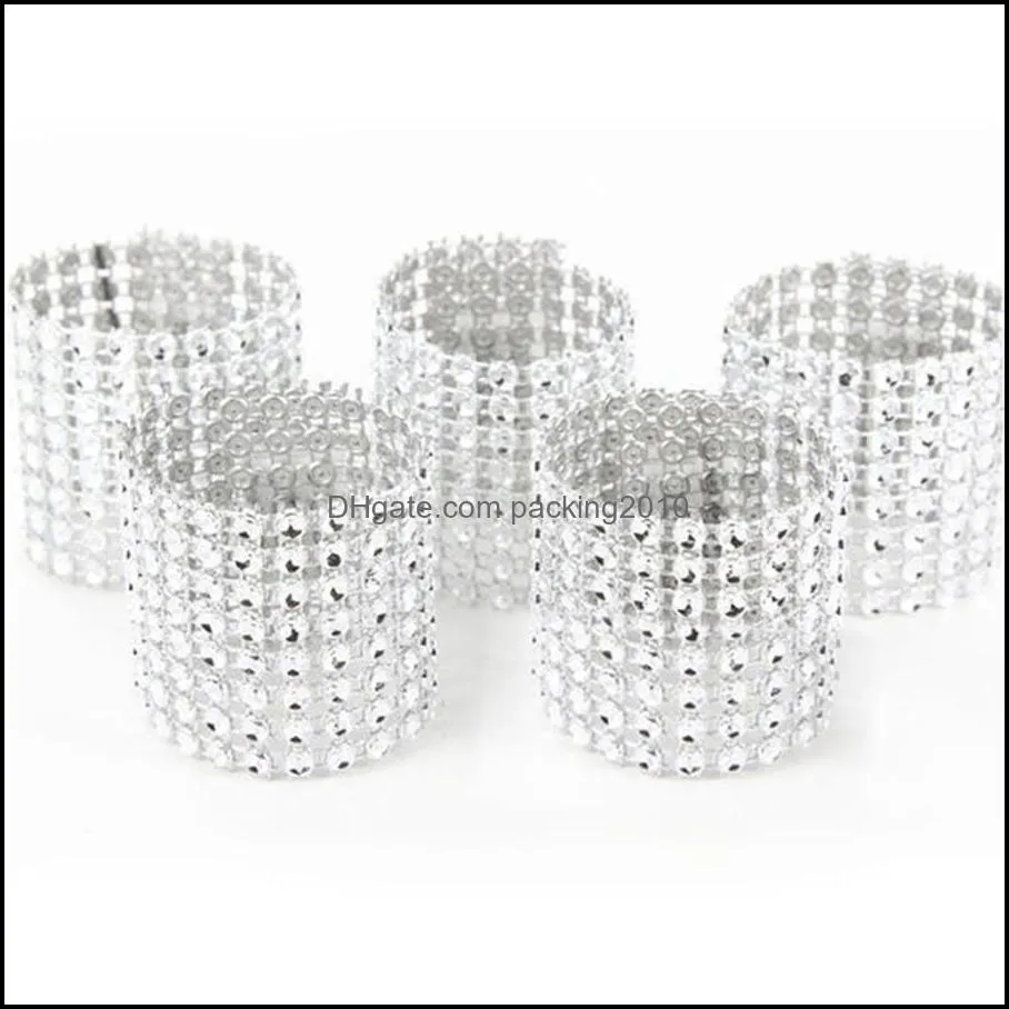 Plastic Napkin Rings Hotel Wedding /Chair Sash Diamond Mesh Wrap Napkin Rings For Party Decoration Gold/Silver