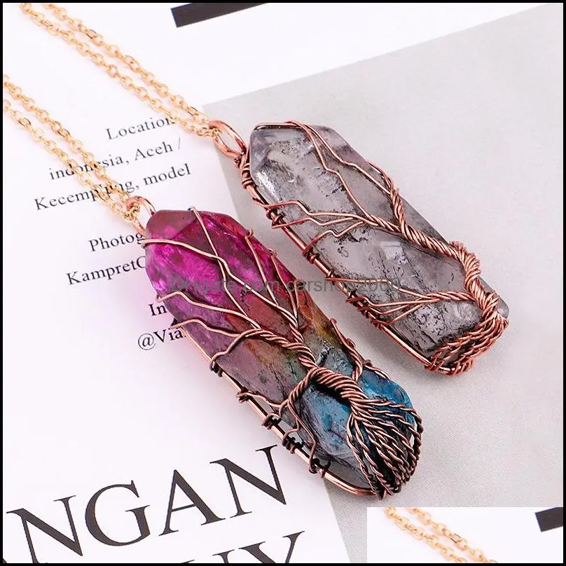 Handmade Copper Wire Wrapped Tree of Life Necklace Reiki Healing electroplating Crystal Pillar Pendant Gem Stones Necklace Jewelry