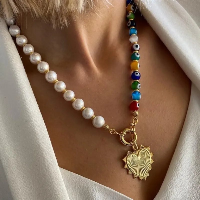 2021 nouveau boho créatif barok perle mauvais œil perlé métal pendentif coeur collier ras du cou bijoux femmes bijoux grosse chaîne breloques