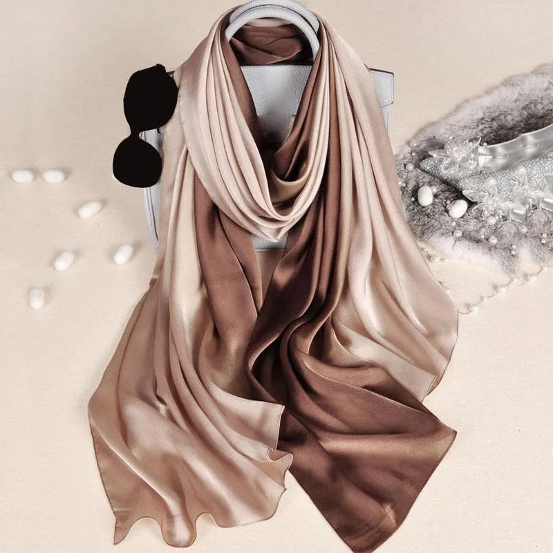 Foulard d'été en soie solide, marque de luxe, dégradé de teinture par immersion, châle Hijab pour femmes musulmanes, Long enveloppement doux